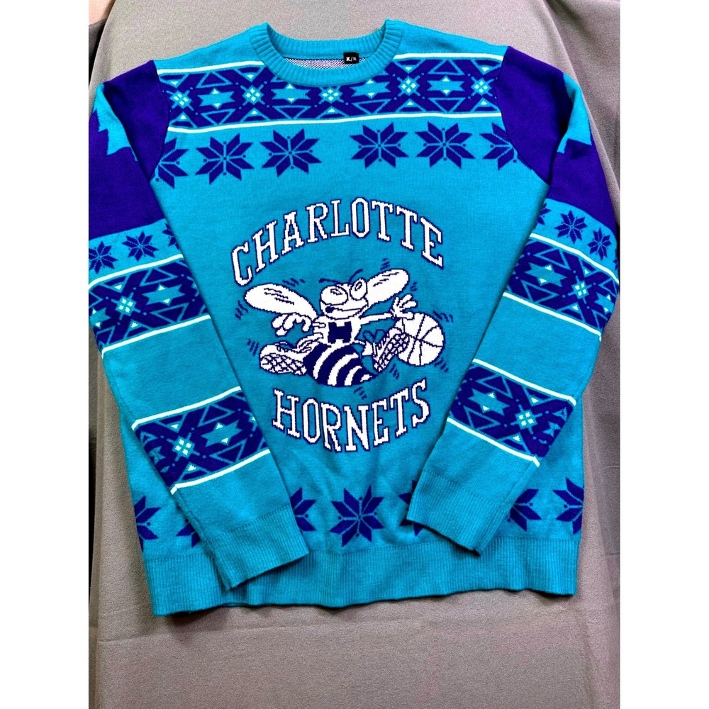 NBA Charlotte Hornets Teal Purple Knit Holiday Sweater Men XL Hugo the Hornet VT